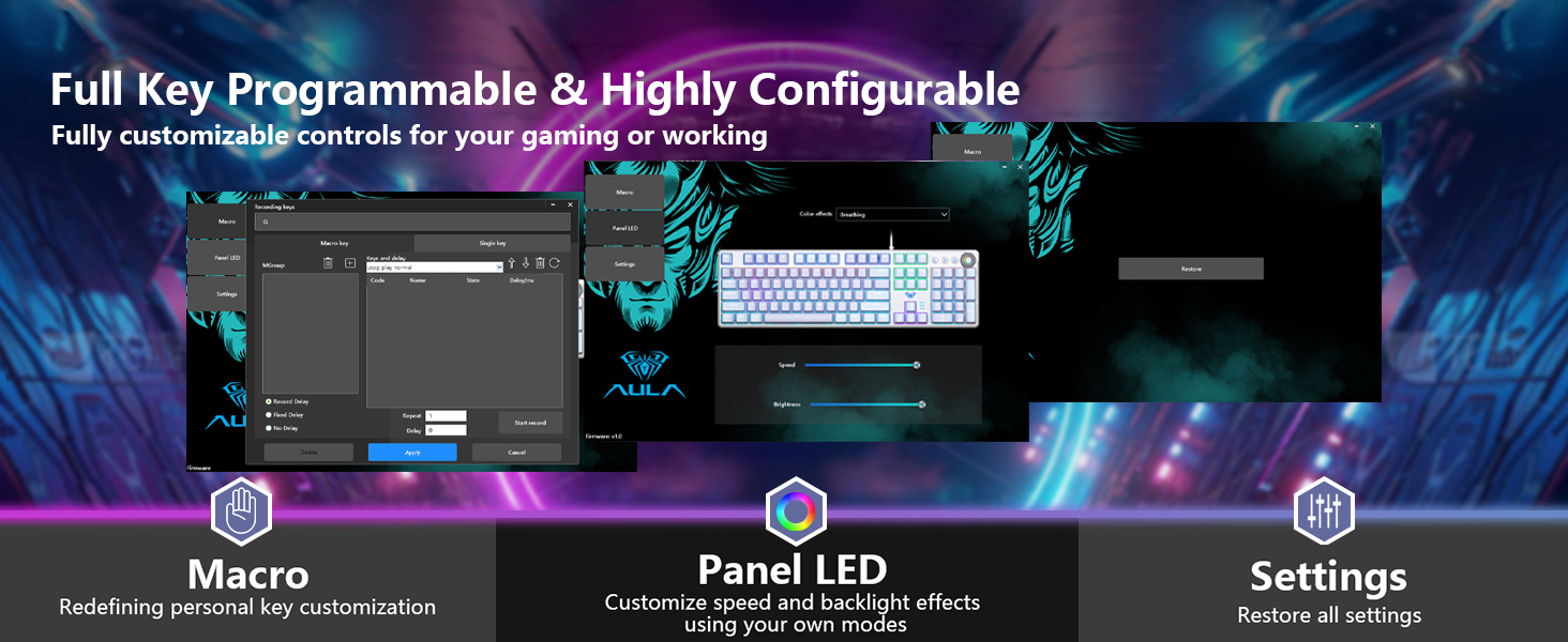 AULA F2088 Pro mechanical gaming keyboard with macro programmable keys via driver customizable