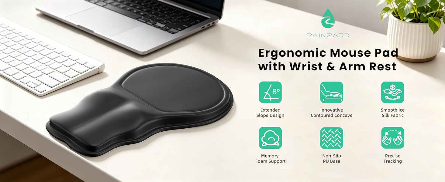 RAINZARD ergonomic mouse pad with wrist and arm rest on a desk with laptop and keyboard.