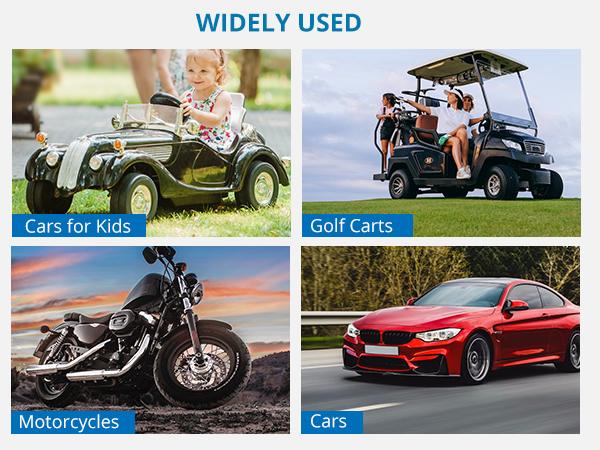Collage of four vehicle types labeled 'WIDELY USED': Cars for Kids (toy car), Golf Carts, Motorcycles, and Cars (red sports car).