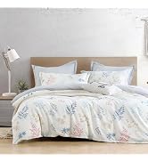 LEMIROE White Cotton Comforter Queen Size 3Pcs - Blue, Beige and Blush Botanicals Pattern on Whit...