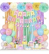 Pastel Birthday Decorations for Women Girls, Rainbow Colorful Printed Confetti Balloons Butterfly...