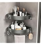 LavStow Corner Shower Caddy, 2 Pack Adhesive Shelf Corner with Towel Bar Hooks No Drilling Waterp...