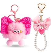 YOU WIZV Cute Plush Keychains for Women, Kawaii Anime Pom Pom Bag Charms with Bow Pearl Wristlet ...