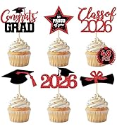 48 PCS Graduation Cupcake Toppers, Glittery 6 Styles Congrats Grad Cake Topper, Black and Red Gra...