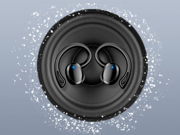 Close-up of black wireless earbuds on a speaker-like surface. Water droplets or splashes surround the circular frame.