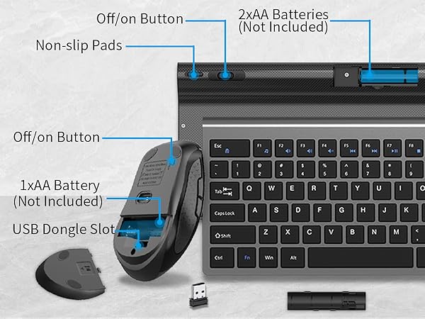 Wireless keyboard and mouse require three AA batteries, not included