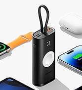 Portable charger with 10000mAh capacity, shown charging multiple devices. Specifications list charging times for various devices including iPhone and Samsung Galaxy S20.