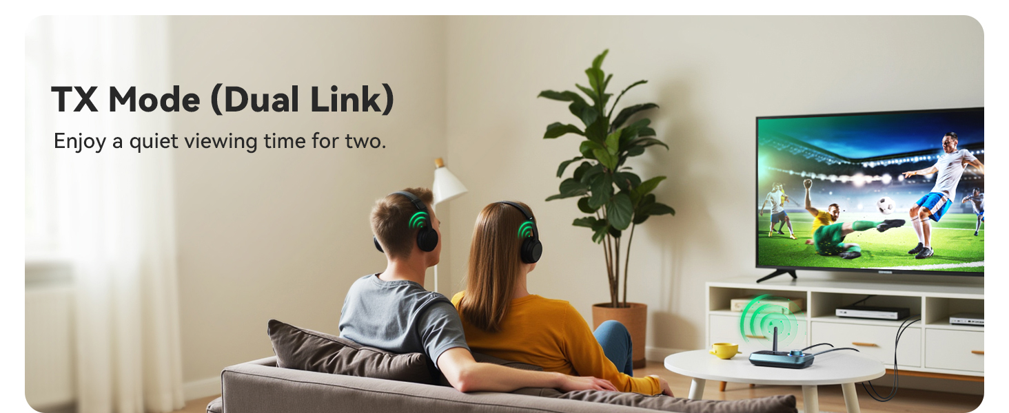 Text reads 'TX Mode (Dual Link)'. Gaming or entertainment setup showing TV screen with game display, plant decoration, and seating arrangement.