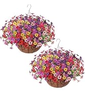 HyeFlora 2 Set Artificial Outdoor Flowers Hanging Basket, Faux Hanging Plants for Outside Spring ...
