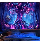 SparkLia Blacklight Fantasy Tree of Life Tapestry – UV Reactive Glowing Neon Forest Wall Hanging,...