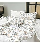 LEMIROE Vintage 100% Cotton Duvet Cover King Size 3PC - Soft Pastel Neutral Floral Pattern on Whi...