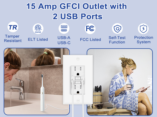 15A GFCI USB Outlet