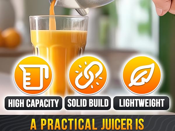 Fruit juice squeezer handheld presses citrus, pouring fresh juice from metal juicer into a glass