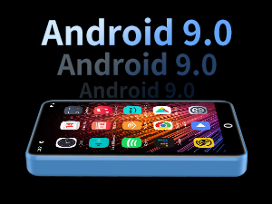 Smartphone displaying Android 9.0 interface. Blue device with colorful app icons on screen against black background.