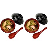 Set of 2 Japanese Miso Soup Bowls with Lid and Spoon, 11 oz Black and Red, Rice Snack Dessert Bow...
