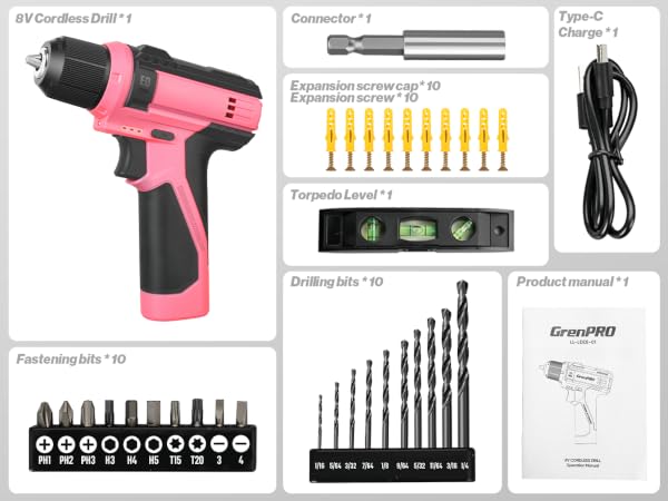 GRENPRO 8V Cordless Drill Set, Hot Pink Power Drill