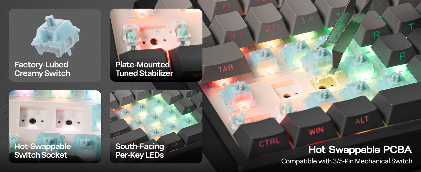 Text reads 'Factory-Lubed Creamy Switch', 'Plate Mounted', 'Hot Swappable PCBA', 'South-Facing Per-Key LED'. Technical diagram showing keyboard components with blue and pink illuminated elements.