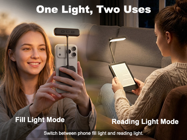 Text reads 'One Light, Two Uses', 'Fill Light Mode', 'Reading Light Mode', 'Switch between phone fill light and reading light'. LED light device demonstrated in two configurations held by people for portrait and reading applications.