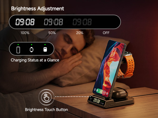 Text reads 'Brightness Adjustment 09:08 09:08 09:08, OFF, Charging Status at a Glance, Brightness Touch Button'. LED display clock device on wooden surface with charging cable, displaying time and brightness control interface.