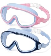 Vvinca Kids Swim Goggles 2 Pack, Soft Wave-Shape Strap (No Hair Pulling), Anti Fog Leak Free Swim...