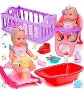 Tsomtto Baby Care Dolls Toys Set with 11" Baby Doll, Cradle Crib &amp; Rocking Horse, Bathtub, High C...