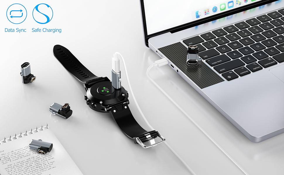 USB device setup with data sync and charging capabilities shown connected to laptop, with multiple connector components displayed.