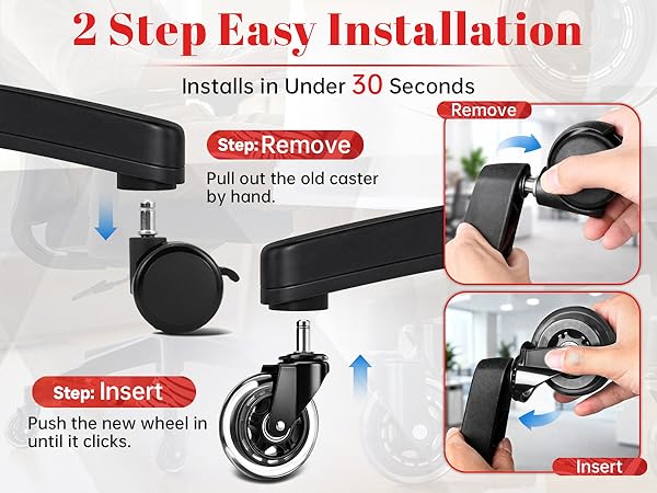 office chair wheels replacement, easy install, remove old caster, insert new wheel