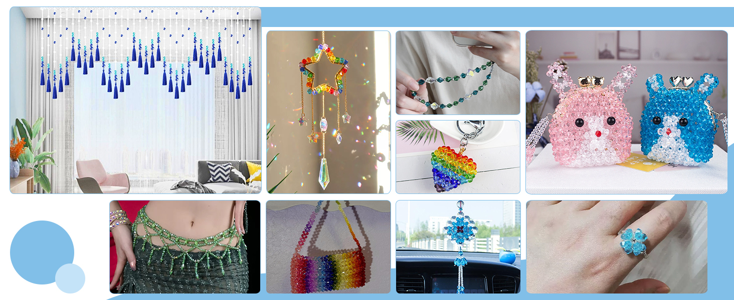 Collage of craft projects featuring beaded curtains, colorful hanging decorations, rainbow pom-poms, and crystal suncatchers. Various DIY techniques and materials showcased.
