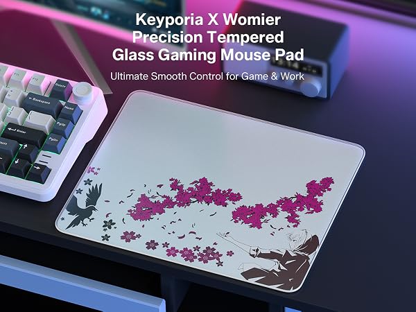 Anime cherry blossom tempered glass gaming mouse pad on desk