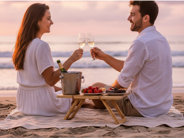 beach portable wine table, beach picnic table, seaside picnic, outdoor wine by ocean, picnic setup