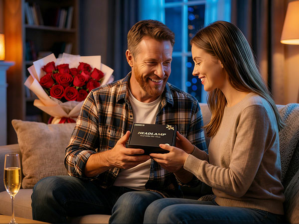 Couple exchanging small black gift box in warmly-lit indoor setting with red flower bouquet visible in background.