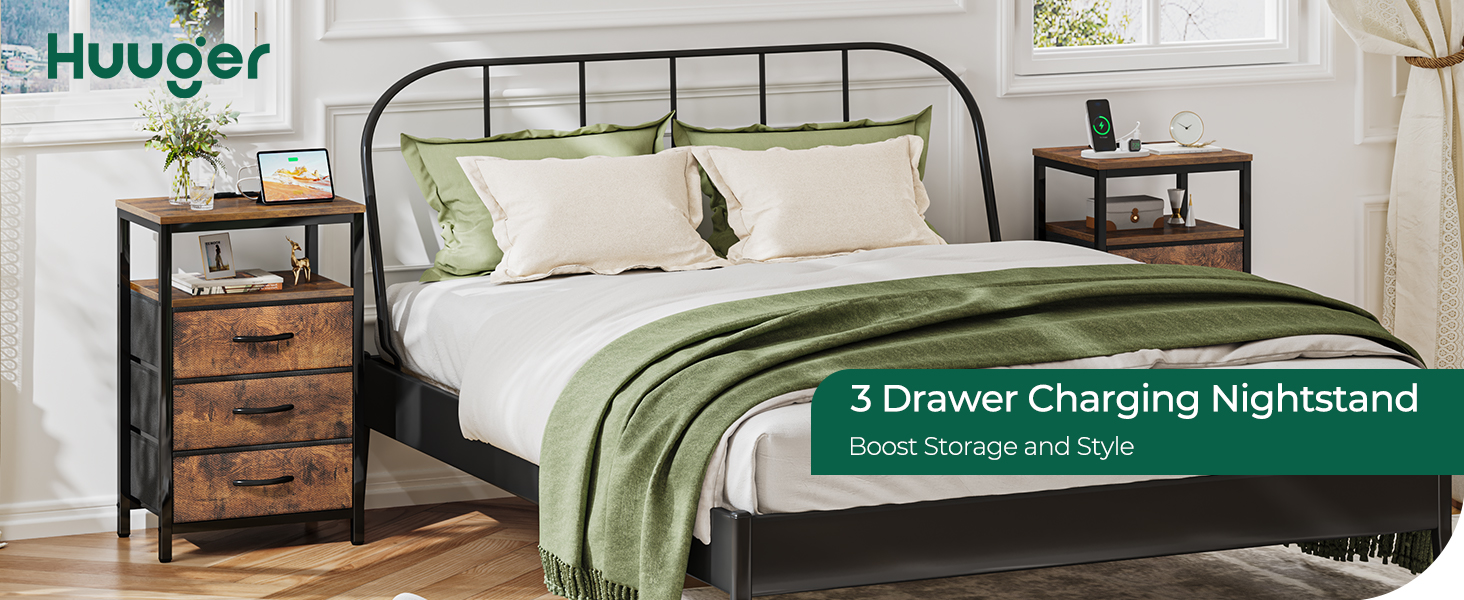 Nightstand with Charging Station, 27.6 Inch Side Table with Fabric Drawers