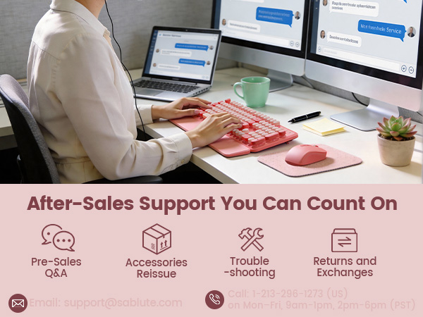Customer using pink wireless keyboard mouse combo at desk if any issue contact Sablute support