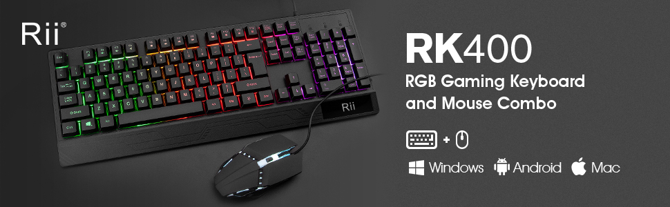 Rii RK400 RGB Gaming Keyboard and Mouse Combo,Wired Mechanical Feel 3-LED Backlit Keyboard