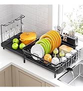 Urackify Dish Drying Rack, Expandable Large Capacity Dish Rack with Drainboard, Wine Glasses Hold...