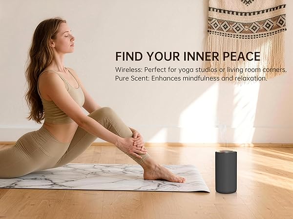 Text reads 'FIND YOUR INNER PEACE'. Serene yoga or meditation scene showing practice space with gray exercise mat and black cylindrical speaker or diffuser on wooden floor.