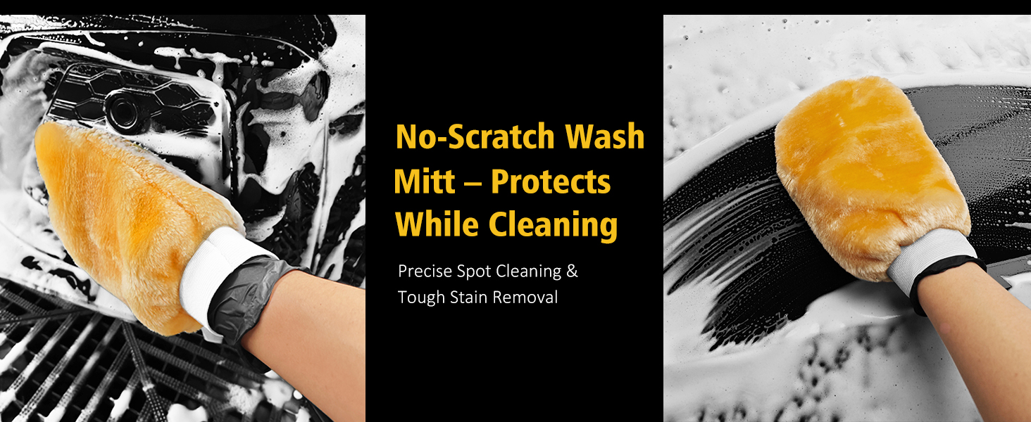 No-Scratch Wash Mitt for cleaning. Orange mitt with white cuff shown in use, protecting while cleaning. Advertised for precise spot cleaning and tough stain removal.