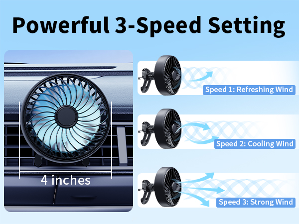 clip on car fan for car ac air vent has powerful 3 speed setting to quickly cool down your car