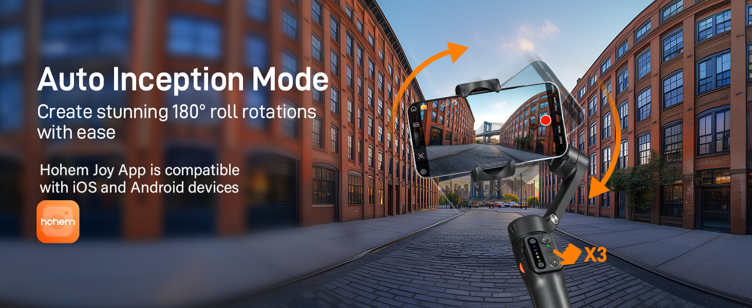 Text reads 'Auto Inception Mode'. Urban street view with brick buildings and rotation indicators showing 180-degree roll capability.