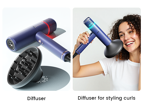 Multiple product views of a hair diffuser attachment, showing diffuser head and demonstration of use for styling curly hair.