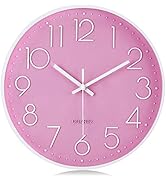 Lafocuse 12 Inch Pink Wall Clock Battery Operated for Kitchen Living Room, Silent Kids Analog Clo...