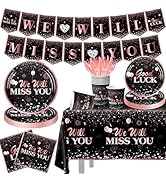 We Will Miss You Decorations 142pcs Retirement Plates Set, Black Pink We Will Miss You Plates Nap...