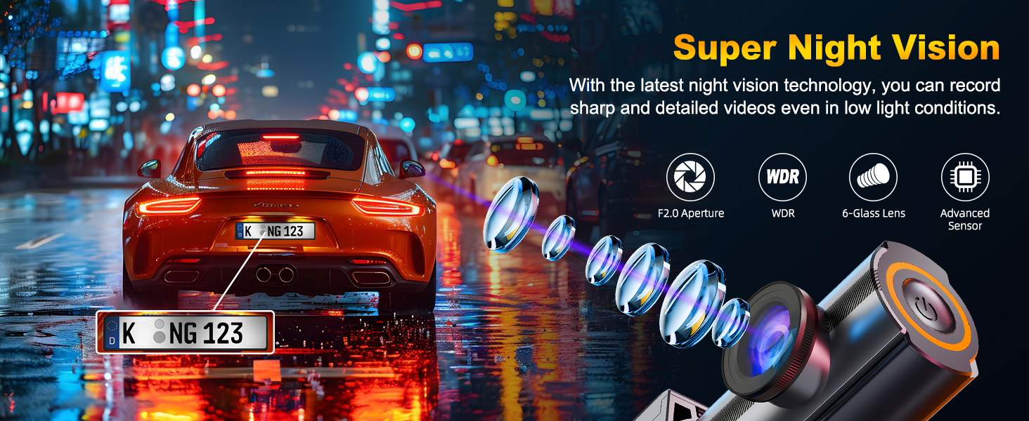 Dashboard camera with super night vision technology. Features include F1.8 aperture, WDR, super low lux, and 6-glass lens, shown with night city traffic scene.