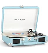 Bluetooth Suitcase Record Player with Built-in Speakers, Bass &amp; Treble Control, 3-Speed Belt-Driv...
