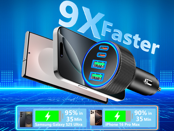 MFi Certified 4-Port 90W USB-C/USB-A Power Cigarette Lighter PD/QC USB-C Car Charger for iPhone 16