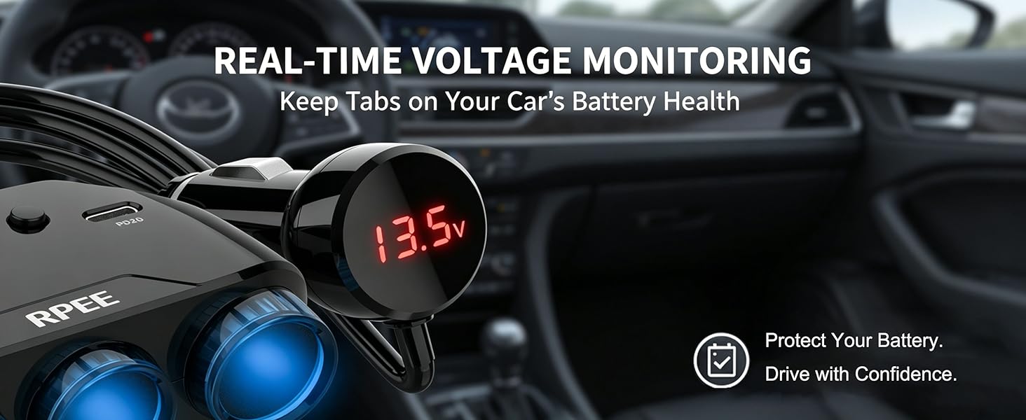 Long-haul trucker checking car battery voltage on built-in LED voltmeter.