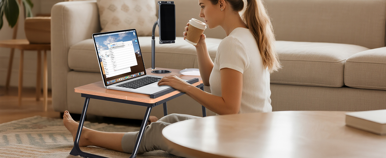 Laptop Desk for Bed Couch, Adjustable Foldable Bed Table with Cup Holder for Working in Floor