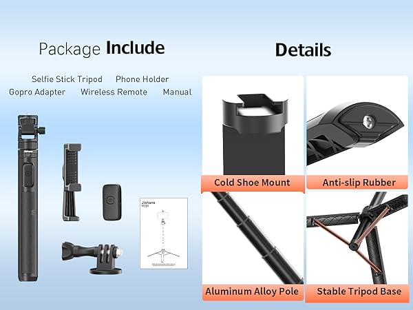 Jishane camera tripod selfie stick with remote and phone holder