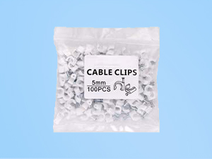 A clear plastic bag containing white cable clips. The bag is labeled 'CABLE CLIPS' and indicates a quantity of 100PCS.