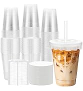 Huifany 100 Pack 16 oz Disposable Cups with Lids and Straws, Plastic Coffee Cups Iced Smoothie Cu...